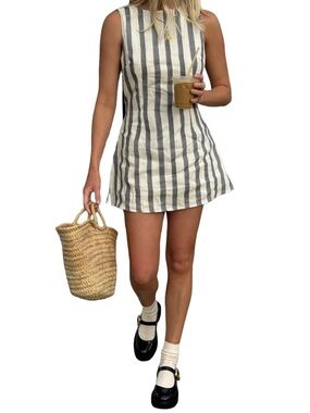 VRG GRL Chloe Linen Mini Dress Cream & Grey Stripe Linen Babydoll Dress Coastal